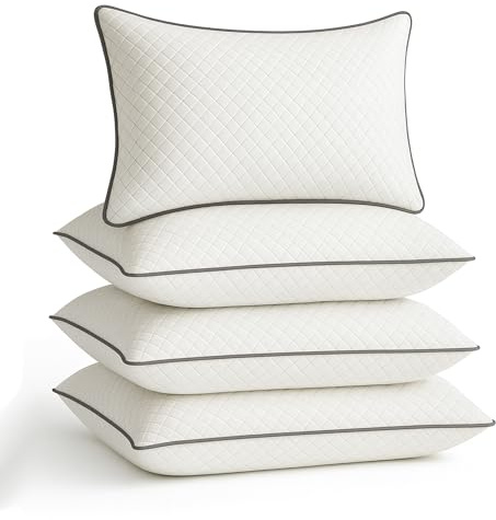 Ultrasonic Quilted Grey Pipiing Hollowfibre Pillows 4 Pack – Luxury Firm & Plump Bed Pillows for Sleeping, Hypoallergenic Down Alternative Bounce Back, Side & Stomach Sleepers, Dust Mite Resistant