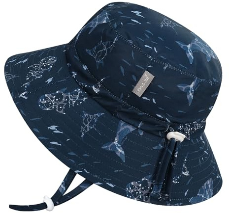 Jan & Jul Jungen Schnell trocknender Bucket Hat für Schwimmen, größenverstellbarer Strandhut für Kleinkinder (M: 6-24 Monate, Marineblaues Walspiel)