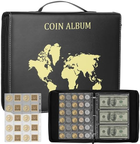 15 PagineTasche Raccoglitore Monete, 35x35mm/45X45mm 400 Porta Monete da Collezione+15 Tasche per Banconote, Raccoglitore da Collezione con Cerniera, Album Portamonete per Euro, Sterlina, Pence