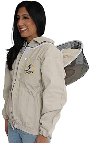 Bee Jacket with Veil - Natural Canvas Bee Suit Jacket with Elastic Waist & Cuffs, YKK Brass Zippers, 3 Utility Pockets. Removable Round Hood Interchangeable with Forest Beekeeping Suit. (2XL)