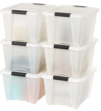 IRIS USA 32 Qt Stackable Plastic Storage Bins with Lids, 6 Pack - BPA-Free, Made in USA - Discreet Organizing Solution, Latches, Durable Nestable Containers, Secure Pull Handle - Pearl