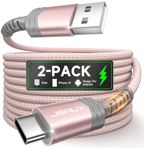 JSAUX USB C-kabel 3,1 A [2 stycken 2 M], USB typ C laddningskabel, snabbladdning, kompatibel med iPhone 16 15 Pro Max, Samsung Galaxy S24 S23 Ultra A55 A53 S22 S21 S20, CarPlay, Android bil, PS5 | 3,1 A-laddning, Sync 480 Mbps, flätad nylon, 40 000+ böjningar, säkerhetschip, för Android Auto och iPhone CarPlay