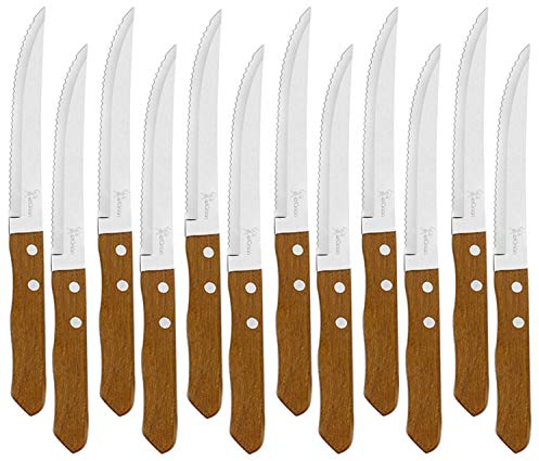 e!Orion Juego de 12 Cuchillos de mesa con mango de madera natural, Cuchillo de Carne Acero Inoxidable - Hoja de Sierra