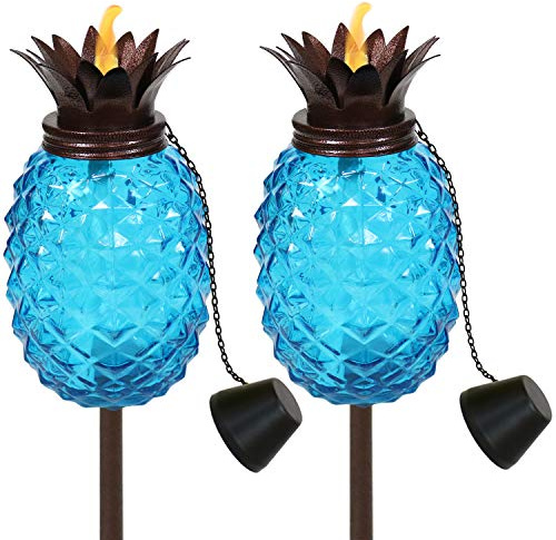 Sunnydaze Tropical Pineapple Glass Patio Torches Set of 2 - 23 to 63-Inch Outdoor Lawn Torch, Garden, Deck & Backyard - Blue