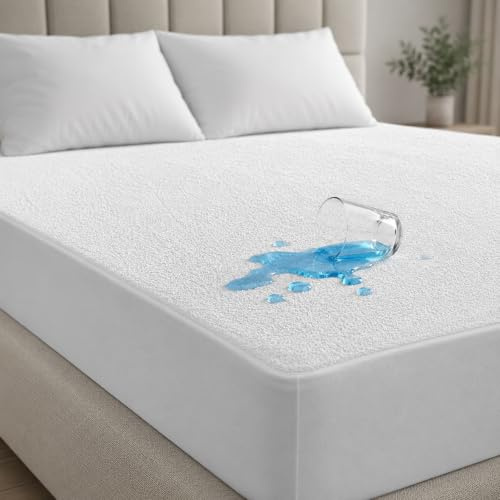 K&A® Frotté vattentätt madrassskydd | mjuk frottéhandduk madrassöverdrag | antiallergi, ljudlös och andningsbar | 40 cm extra djup låda | dra-på-lakan (Super King (180 x 200 cm)