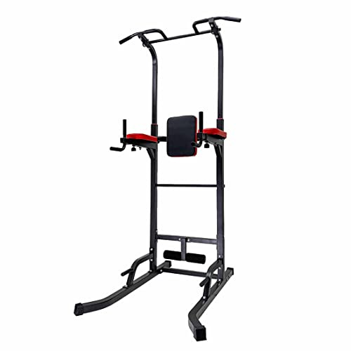 Ultrasport Power Tower Avanzato, stazione fitness, dispositivo multifunzione compatto, stazione dip barra per trazioni, maniglie per flessioni, altezza regolabile, trainer per addominali, Nero-Rosso