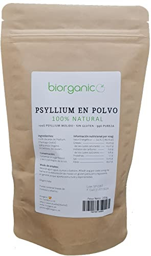 Biorganic Psyllium en Polvo 200g. Psyllium Indio de 95-99% Pureza, rico en fibra y vegano. Saciante. Mejora el tracto intestinal. Ideal panes y masas sin gluten. Marca española.
