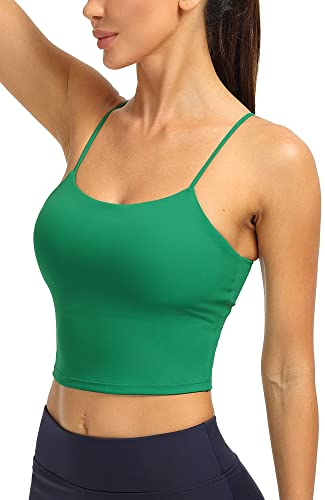 icyzone Damen Sport Top mit Integriertem BH - Spaghetti Trägertop Yoga Shirt, 2 in 1 Gym Fitness Tank Top (L, Green)