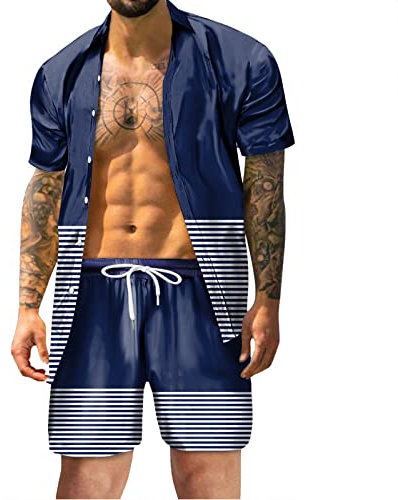 Hawaii Hemd Männer Hawaiihemd Herren Set Flamingo Blumenmuster Floral Kurzarm Sommer Shorts Herren Kurze Hose Herren(Blue,L)