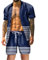 Hawaii Hemd Männer Hawaiihemd Herren Set Flamingo Blumenmuster Floral Kurzarm Sommer Shorts Herren Kurze Hose Herren(Blue,L)