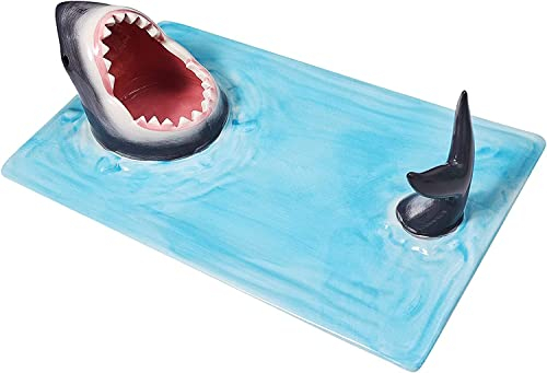 ESSECMBS Sushi-Teller aus Keramik, Hai, Sushi-Teller, handbemalt, Keramik-Serviertablett mit Sojasaucenhalter und Essstäbchenablage (blau, 33 x 20 cm)
