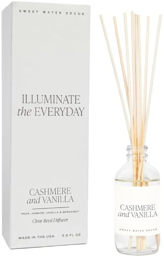 Sweet Water Decor Non-Toxic Cashmere and Vanilla Reed Diffuser Set, Cashmere, Sandalwood, Milky Coconut, Bourbon Vanilla Scented Diffuser for Home, Light Fragrance, Made in the USA, 3.5 FL OZ