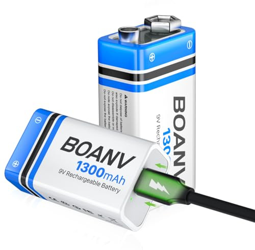 BOANV 2PCS 1300mAh 9V Rechargeable Batteries, 9V Rechargeable USB Lithium Long Lasting Battery, with 2 in 1 Charging Cable, for Smoke Detectors, Alarms, Keypad, Microphone