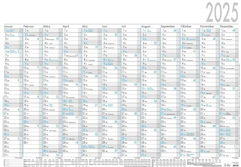 Zettler - Calendario de carteles 2025, 100 x 70 cm, calendario de carteles con 12 meses en 1 página, 5 unidades, enrollado, conteo diario, día laborable y semanal, días festivos, fechas de vacaciones