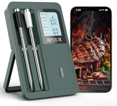 BFOUR Termometro per carne senza fili con 2 sonde (aggiornamento), termometro Bluetooth con grande display LCD, controllo app, termometro intelligente per barbecue, forno e barbecue