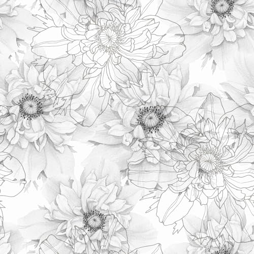 Papier peint autocollant Fleurs noires et blanches Papier peint photo autocollant pour chambre à coucher et salon Esquisse Papier peint Film adhésif pour meubles de cuisine (40 cm x 600 cm)