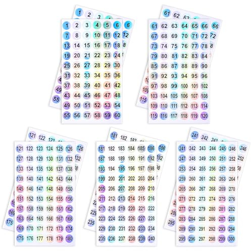 Molain 1-300 adesivi numerati, 10 fogli autoadesivi rotondi impermeabili adesivi riflettenti numero laser etichette numerate consecutivamente per conservare/organizzare