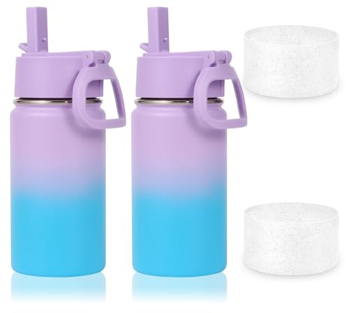 Volhoply Botella de agua para niños de 14 onzas con tapa y popote, funda de silicona, 2 unidades, vasos aislados de acero inoxidable