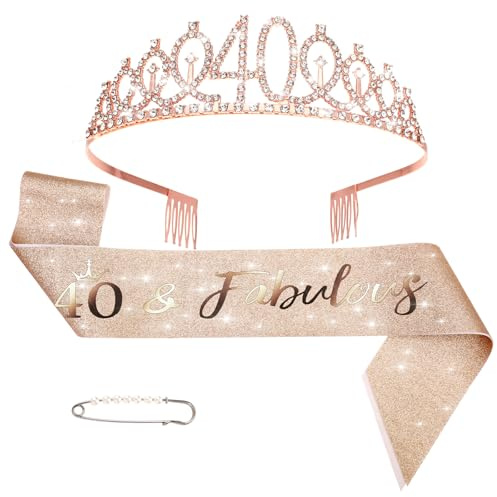 40-årsdag kvinnor dekoration skärp och tiara, födelsedagsskärp och födelsedagskrona, roséguld födelsedagsbälte & tiara krona, 40-födelsedag kvinnor, presenter för kvinnor födelsedagsdekoration