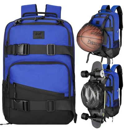 WOLT Skateboard Backpack, 15.6 Inch Laptop Backpack for Men Women, Sports Backpack with Ball Holder for Longboard Basketball Soccer, Blue
