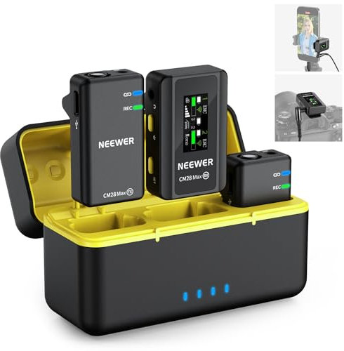 NEEWER CM28 Max Wireless Lavalier Mikrofon System mit Ladekoffer 48KHz/24Bit Lossless Float Recording Rauschunterdrückung 8GB Speicher 25Hrs Batterie 300m Reichweite für iPhone iPad Android Kamera PC
