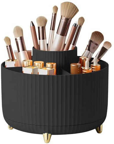 360 Rotating Desk Organizer Pen Holder, 2-in-1 Cosmetic Storage Display Cases for Lotions Lipsticks Makeup Brushes, Elegant Countertop Perfume Storage Box for Dresser Bedroom Bathroom (Black Small)