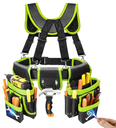 Tool Belt, Professional Tool Belts for Men, Magnetic Tool Pouch with Suspenders, Heavy Duty Detachable Adjustable Utility Belt Work Bags for Electrician, Carpenter (32''-66'')