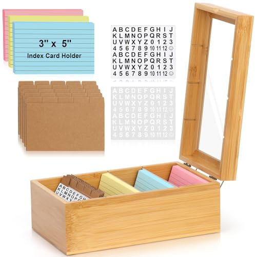 3x5 Index Card Holder with Dividers Bamboo Index Card Organizer Index Card Storage Box 150 Index Flash Cards 25 Index Cards Dividers 2 Letter Smile Stickers for Office Business Home (3 x 5 Inches)