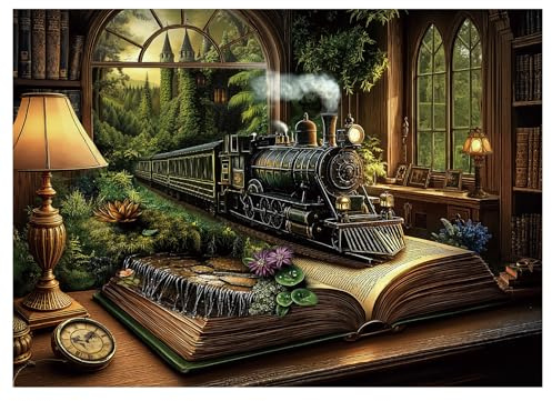 BBOLDIN Train Fantasy Forest Puzzle 1000 Pieces for Adults, Magic Book Vintage Castle Jigsaw Puzzles, Nature Plant Tree Bookshelf Puzzles