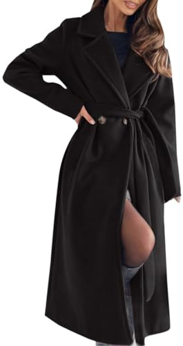 Generico Trench da Donna Autunno Inverno, Cappotto Legato in Vita con Collo Rivoltato, Cappotto Elegante Monocromático da Donna con Cintura, Giacca di Stoffa Morbida e Calda per Stile Minimalista