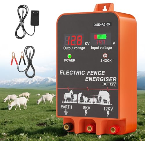 Yapasopu Dispositivo de la cerca eléctrica 12V 2 J,Pastor electrico solar 10 km, postes para cercas eléctricas IP44, para caballos, ganado vacuno, cabras, 3 modos de alimentación
