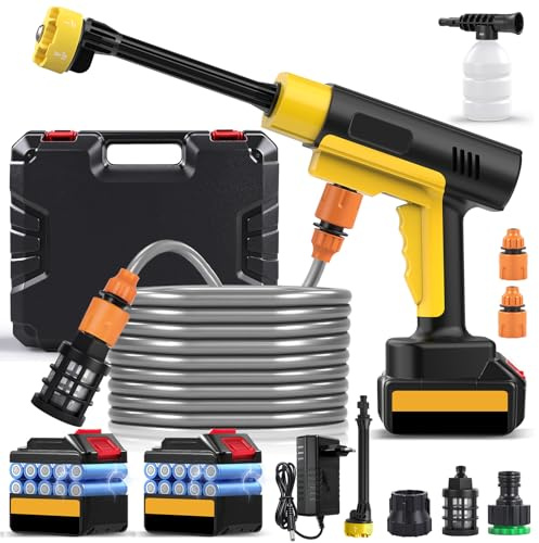 Teodute 21V Idropulitrice a Batteria, 130Bar/1880PSI, 8L/min, 6 in 1 Ugello con 5M Tubo, 2×3.0Ah Batterie, Gittata 12m per Auto Patio Giardino Pulizia Paviment (Con Cassetta Attrezzi)