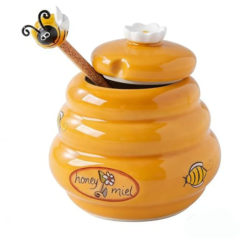 Barattolo per miele in ceramica – Contenitore ermetico per sciroppo, bocca larga, 140 ml, con mestolo in legno, per marmellata, salsa, cottura al forno, controsoffitto, smaltatura liscia, struttura
