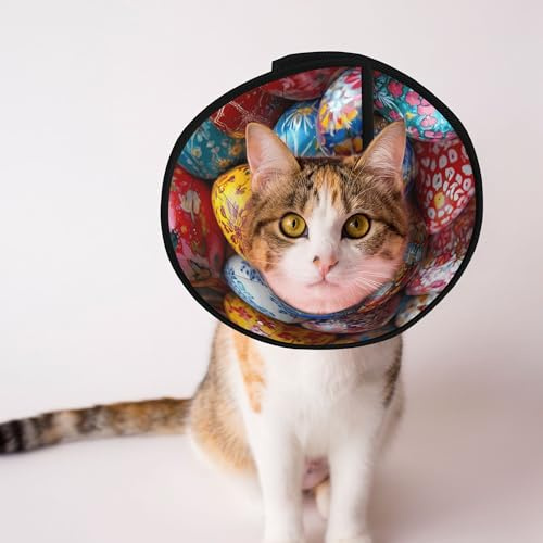 Qewfoju Easter Eggs Print Cat Cone Collar Cats Neck After Surgery to Stop Licking and Scratch Cone Lightweight Pet Head Cones for Cats