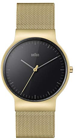 Braun Schlanke Herren-Analog-Quarzuhr mit 3 Zeigern, schwarzes Zifferblatt und goldenes Milanaise-Armband, 38-mm-Goldgehäuse, Modell BN0211BKGDMHG.