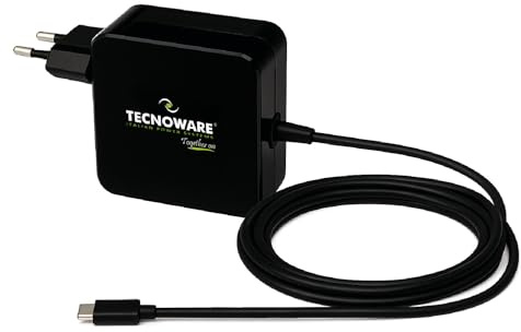 Tecnoware Power Systems Caricatore USB-C 65W, Compatibile con MacBook, Lenovo, Asus, Tecnologia Power Delivery, Protezione Completa, Cavo 210 cm, Nero, 65W