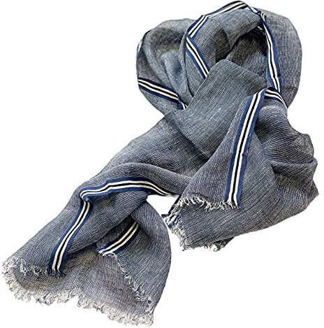 Prettystern Uomo Donna Lunga Sciarpa a Righe 100% Lino Pashmina Leggera Estiva Primavera Foulard Di Stile Marittimo Blu Scuro Bianco T71