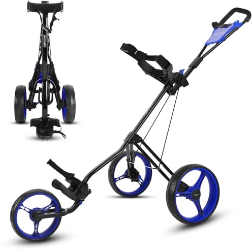 SereneLife Foldable 3-Wheel Golf Push Cart with Deluxe Scorecard Holder, Adjustable Handle, Upper & Lower Strap Brackets, Quick Braking System, Lightweight Steel Frame, Compact Fold Design for Storage