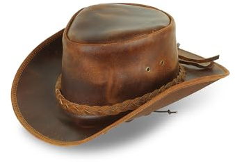 BenzHawk Genuine Leather Cowboy Hat for Men & Women – Shapeable Western Outback Hat with Adjustable Chin Strap, Sun Protection & Classic Brown Western Style (Brown - S)