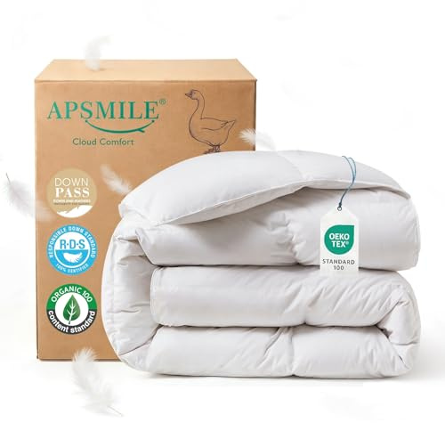 APSMILE Couette 200x200 4 Saisons en 50% Duvet et 50% Plumes, 100% Coton Bio Couette 2 Personnes Ultra Gonflante, Édredon Duvet 200x200 Tempérée Hypoallergénique, Certifié Oeko-Tex et RDS