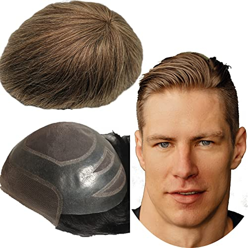 Echthaar Toupet für Männer,Yanahair Glattes Haar dünne französische Spitze gebleicht Knoten natürlichen Haaransatz Poly Haut Perücken Haut Haarsystem Europäische Perücke Mann(10x8, #4 hellbraun)