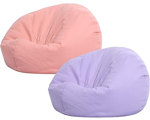 Sliner 2 Pcs Stuffed Storage Bean Bag Chair Cover for Kids Adults (no Filler) Stuffable Zipper Beanbag Cover for Organizing Plush Toys or Memory Foam(Small,Cotton,Pink and Purple)