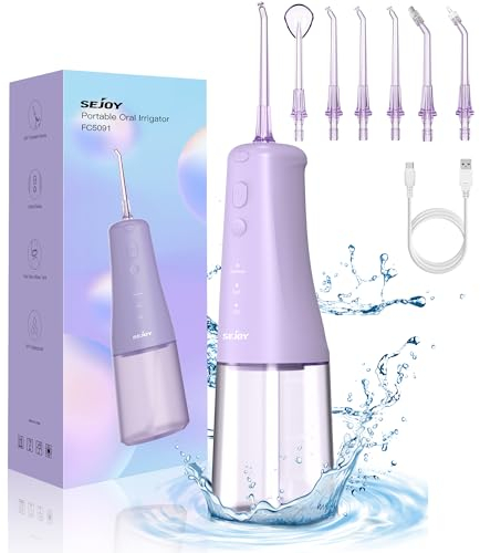 Sejoy Munddusche Kabellos Tragbare Elektrische Zahndusche Munddusche Testsieger 2025 mit 4 Reinigungs-Modi 6 um 360°drehbaren Ersatzdüsen 300ML IPX7 Wasserdicht für Hause Reisen