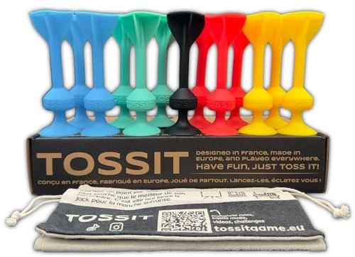 TOSSIT Spiel Saugnapf Darts, Indoor Outdoor Drinnen Draußen, Boccia, Petanque, Wurfspiel, Nachhaltig langlebig Silikon, Boden oder Wand, Family Pack, Rot Cyan Blau Gelb