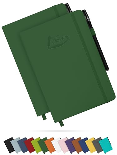 Tasalas A5 Notebooks 2 Pack with Pen - 200 Lined Pages Journal Notepads, 80 GSM, Green Notebooks A5 with Soft PU Cover, Elastic Loop, Pen Holder, Expandable Pocket - Note Books for Note-Taking