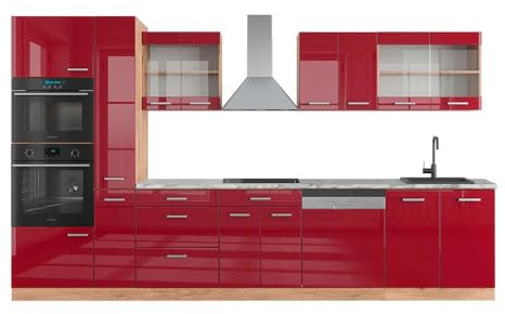 Vicco Küchenzeile R-Line, Rot Hochglanz/Goldkraft Eiche, 350 cm mit Hochschrank, AP Marmor