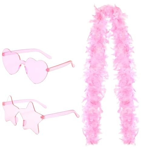 GIEEU Rosa Federschal,Flauschige Feder Boa für Damen,Modischer Federboa mit Herzbrille und Sternförmiger Sonnenbrille für Cosplay, Karneval,Bühnenshows,Kostüm Party(200cm)