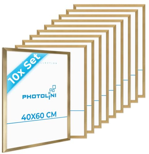 PHOTOLINI Bilderrahmen 40x60 gold 10er Set Holz MDF, Bilderrahmen 60x40 gold, picture frame 40x60 mit bruchsicherem Acrylglas zum Aufhängen, Rahmen 60x40 mit extra Zubehör - für Fotos & Poster