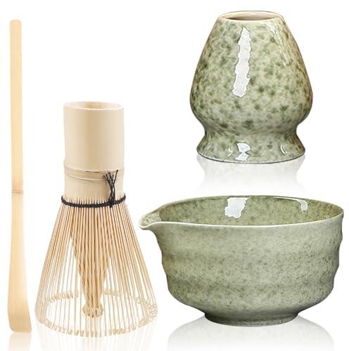 BAIFULAI Set da Tè Matcha di 4 Pezzi, Ciotola per Matcha con Beccuccio, Frusta e Pala per Matcha, Whisk, Kit per Matcha in Ceramica Verde