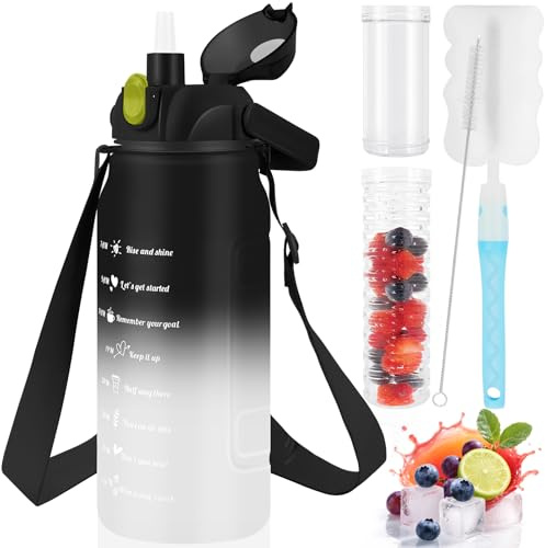 KETIEE Borraccia da 2 l, 2 litri, 2 litri, con cannuccia, tracolla regolabile e contenitore per frutta, senza BPA, a prova di perdite, con indicatore del tempo, colore nero e grigio